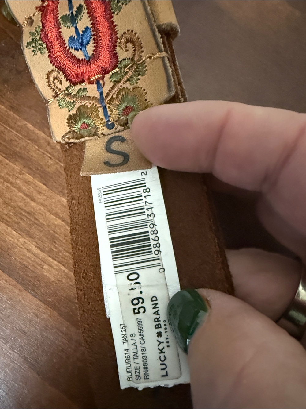 Lucky Brand Beige Leather Women's Belt w/ Multicolor Floral Stitching - Picture 4 of 4